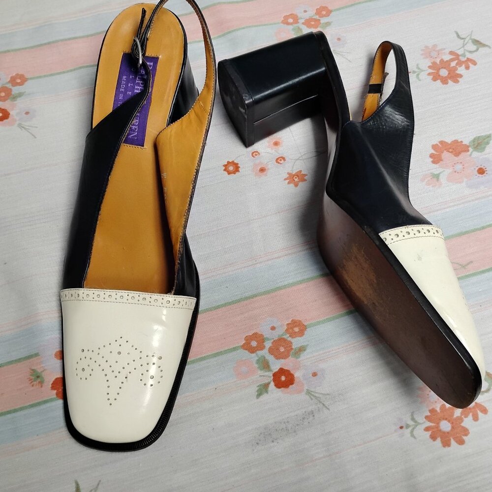 ❤️RALPH LAUREN PURPLE LABEL Black White Cap Toe 2 Tone Slingback Shoes 7.5 B